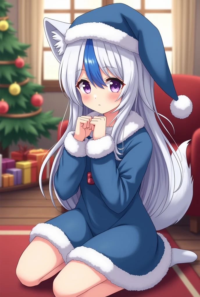 Create a female anime character , with 1,60 tall, with half her hair white and the other half blue . She will have violet eyes , and she will also have ears and a wolf's tail the same color as her hair. She will be wearing a blue Christmas outfit , She will have a blue Christmas hat on top of her head and she will be wearing white socks. in the background , I want a comfortable living room , Christmas-themed. And she will be sitting cross-legged