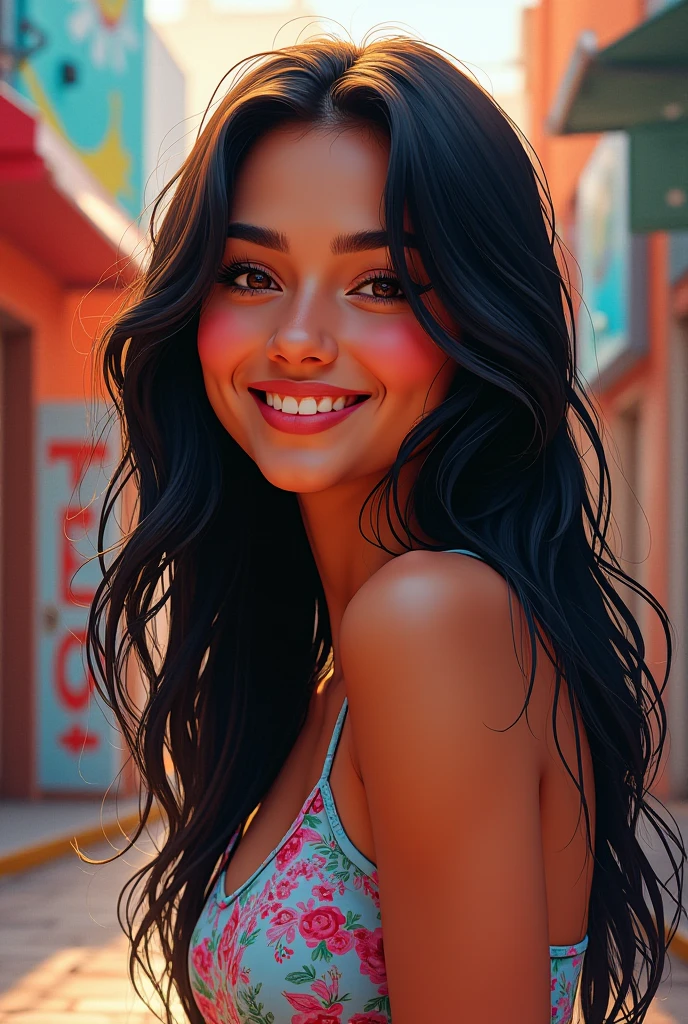 Create a picture of 1 happy young Cuban girl, Beautiful, Portrait, chubby face, detailed face. Long straight black hair, with ironed cheeks, very long hair, tied in a half ponytail. . Cuban features, modeled, full body, sensual smile, full buttocks, full chest. on a street. Real photo, more XL detail, masterpiece, beautiful legs and hot body.