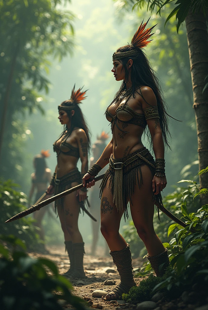 A 2 Korean female with a toned, athletic physique, standing trembling in the dense, vibrant foliage of a tropical jungle. Her eyes are wide with absolute terror, her breaths coming in ragged gasps as she stares down at the leather-clad, mud and blood covered cannibal warriors who have her surrounded. Their eyes are filled with a hunger that transcends the mere need for sustenance, their expressions a mix of primitive excitement and malicious intent. The woman's skin is slick with sweat and fear, her perfect breasts heaving as she desperately tries to compose herself. Her long, raven hair is disheveled and sticks to her back in the humid air. The stark reality of her situation is underscored by the involuntary release of excrement that trickles down her inner thighs, a testament to the sheer panic that has overtaken her body. The warriors, armed with crude weapons, leer and gesture towards the terrified captive, their teeth bared in a macabre smile of anticipation. The rich, verdant background contrasts sharply with the horror playing out in the foreground, as the jungle seems to swallow the scene whole, trapping the viewer in the heart of this nightmare. The light pierces through the canopy in dappled patterns, illuminating the stark white of her skin against the deep greens and earthy tones of the environment. Her nudity is a stark reminder of her vulnerability, as she is on display for these savage men who see only their next meal in her trembling form. The tension is palpable as the moment hangs heavy with the inevitable, the fear in her eyes mirrored in the tight grip she has on her own arms, trying in vain to shield herself from the fate that awaits her.