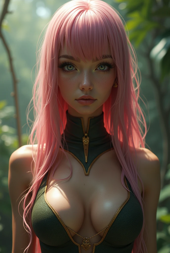 beautiful detailed eyes, beautiful detailed lips, extremely detailed eyes and face, longeyelashes, 1girl, Sakura Haruno, pink hair, long hair, green eyes, black latex uniform, cleavage, sexy, on a busy street, (best quality,4k,8k,highres,masterpiece:1.2),ultra-detailed,(realistic,photorealistic,photo-realistic:1.37), vibrant colors, natural lighting, detailed foliage, lush landscape, intricate details