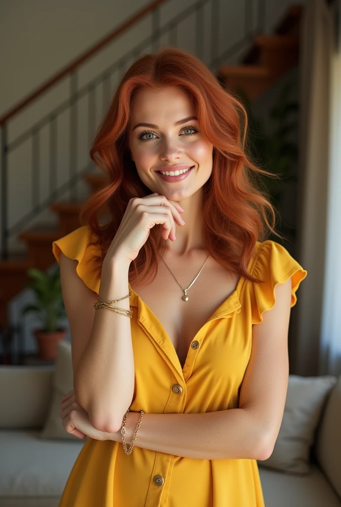 A spontaneous snapshot of a beautiful woman with long red hair, bright blue eyes and a gentle smile. Her hairstyle is undone. Your hands are free (detailed hands). In the foreground a woman sits on a chair on a balcony. Structured skin, curves, perfect figure, medium breasts. She is wearing pajamas. In the background it is already night and you can see a balcony decorated with flowers. Photorealistic, fast exposure time, medium aperture, medium focal length.
