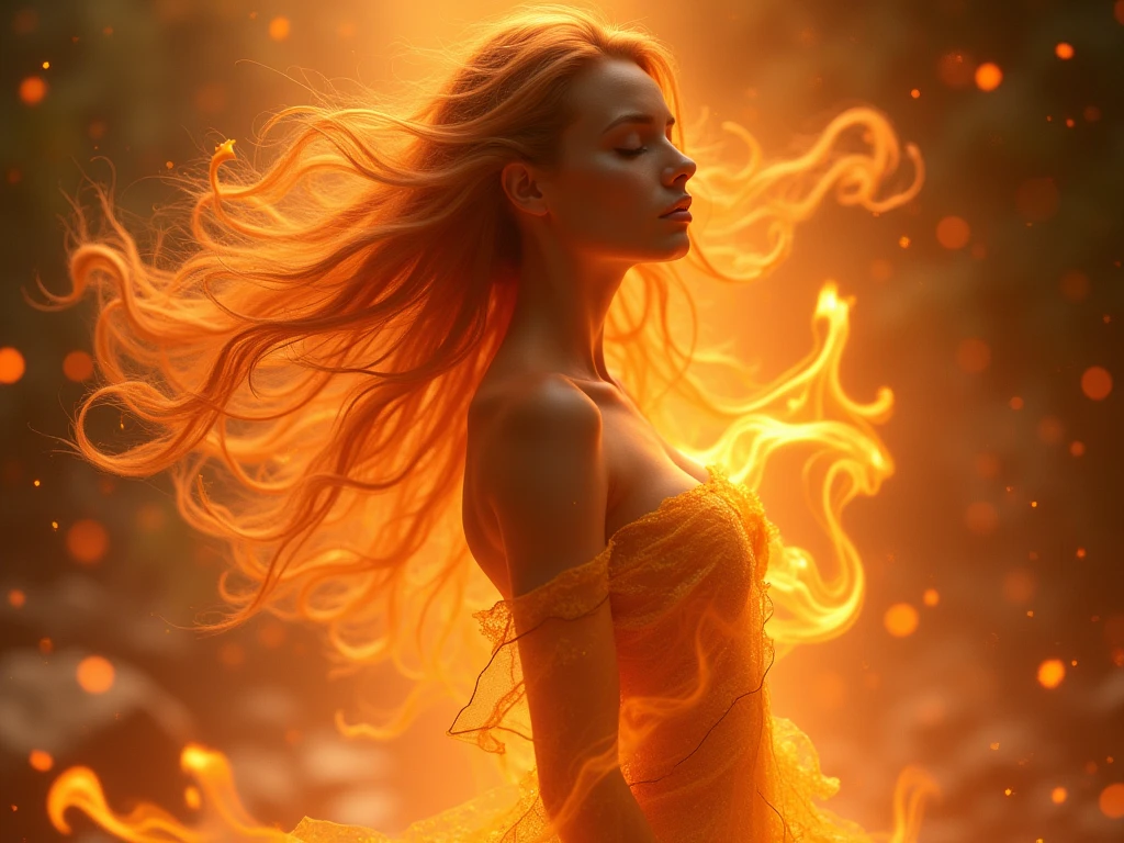 ((Highest quality)), ((masterpiece)), (detailed), Japanese women, Cloth your body with flames,  Fantasy, Pale, delicately, Dressing the Flame, Wearing Flames,Hair is fire、My hair is on fire、Personification of the spirit of fire, 浮遊感を出しFantasyに, Clothes are also made with fire, Make your body semi-transparent, Overall, it is transparent and mysterious., Fluid hair, hair is made of flame