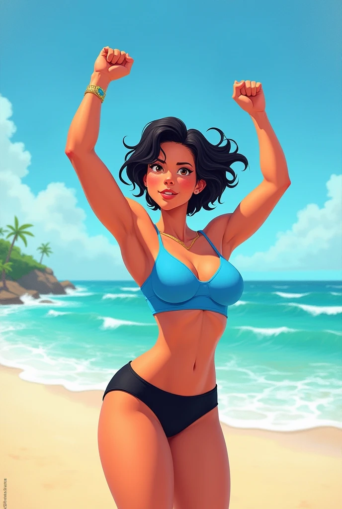 Actress Zendaya runs on the beach without clothes. The sun shines brightly on the sea water.
