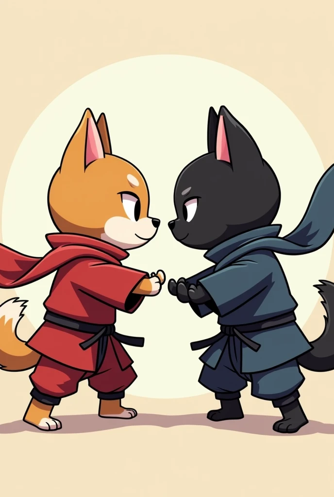 二足歩行の柴犬Ninjaと二足歩行の黒猫Ninjaの対決、Ninja、chib anime,  various poses, scarf,　2D Anime, No good々