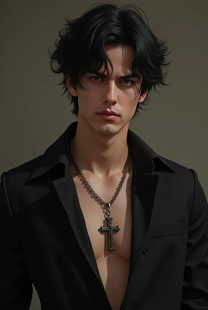Shirtless long black hair boy with cross chain