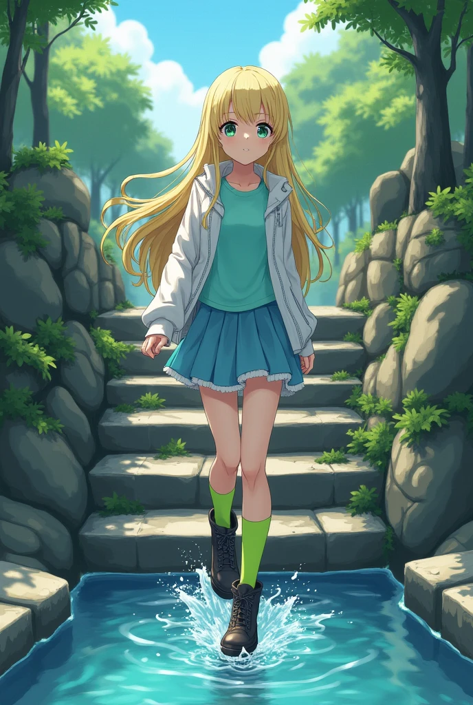  wearing sweater and sneaker boots, blue eyes, poker face, white long hair, grassy land, shorts,