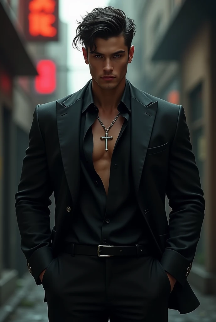 Star Wars Universe,1 a handsome,young unique battle replicant hitman male,with blond hair with an undercut.Green eyes,sensual mouth with full lips.A large silver earring in her right ear.Ideal hairless skin on the face and body.Height 195cm,вес 95кг, slim,athletic body.Very sexy.Dressed in tight leather pants,leather jacket on the naked body and high boots,on his hands leather gloves