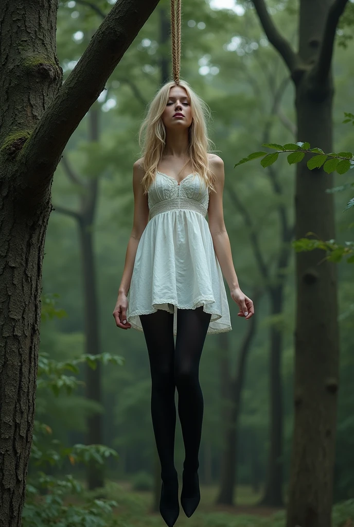Pre-teen, big blue eyes, small breasts, long legs, medium hoop earrings, tiny low-cut dress, black tights, very white skin, long hair, wavy hair, blonde hair, school in the forest , classroom, photorealistic, Indirect lighting, volumetric light, Specular light, ray tracing, hyper-detailed, best quality, ultra-high resolution, HDR, 8k, Soft focus, Fog