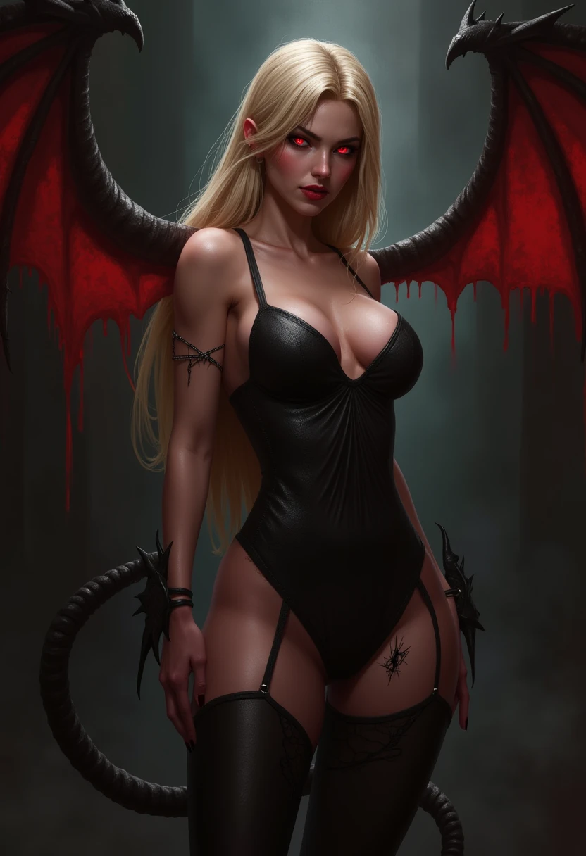 (suspense scene ((CONCEPT ART)), extremely detailed), ((American photo)), Kelly is a beautiful German woman, (((White Hair))), (((Demon Horns))),  in the style of a Heavy Metal magazine cover, sexy barbarian, high detail face, high detail skin, fit athletic body, Heavy Metal aesthetic, ((tattoos)),walking with determination, (wearing weapons and explosives), ((extravagant breasts)), Large breast:1.8, heavy intense makeup, ((bodybuilder abs)), (better lighting, better shadow, an extremely delicate and scary), (digital illustration), ((4k painting)), [(dynamic angle,((1girl)),white hair, (beautiful face, perfect face, scared,) expression of fear, torn clothes, a gun in hand, darkness, scary house), [:(dark, mysterious, game paint, sinister setting, jagged corridors, big house, deadly silence):]Futuristic sci-fi post-apocalyptic world, beautiful female evil creatures, madmax movie ,brutal violent dark cyberpunk dramatic background, high quality, masterpiece, realistic photo, intricately detailed, 8k, HDR, shallow depth of field, wide light, high contrast, backlight, light flares, chromatic aberration, sharp focus, RAW color photo, looking at the camera, erotic pose