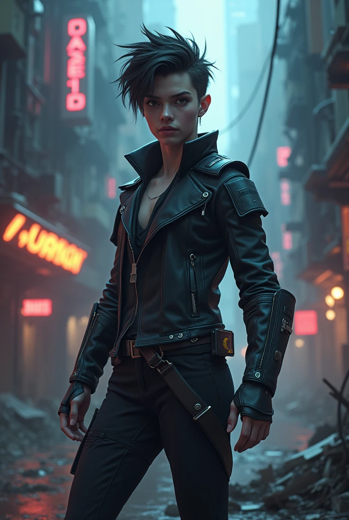 Protagonist character(alone), 1girl. Zoe Kravitz character(1), Zoe Kravitz face, wonderful girl, short hair, biker clothes(rocker style), dark makeup, black shirt, armor, leather belts, piercing, tattoos(all body), brown eyes(intense color), long pants, intimidating(1.2), fantasy setting, beautiful night, terrifying darkness, medieval fantasy. Image detailed, vibrant colors, superpowers in black colors.