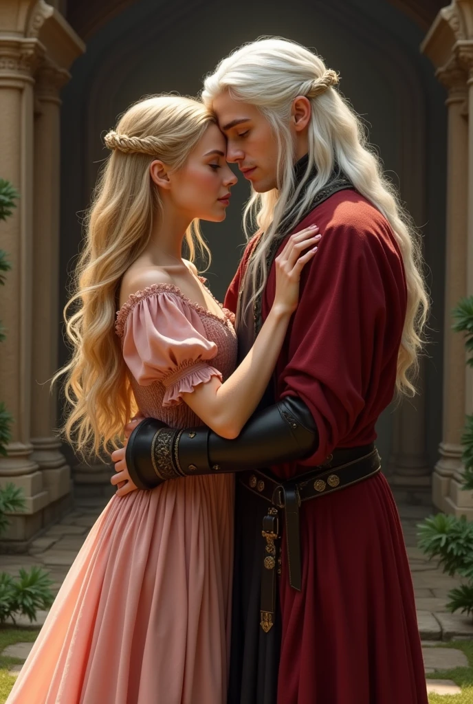 Daemon Targaryen on a green plain hugging and intensely kissing a beautiful young woman with platinum blonde hair