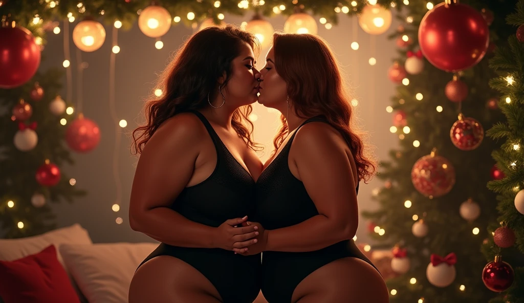 "Create a realistic, high-quality, and highly detailed photograph using the Canon EOS R5 effect. The image should have super high resolution with professional lighting. The scene captures two women from behind in a studio setting, focusing on the contours of their bodies and the intimate connection between them.
The first woman, standing in the foreground, has large, wavy chestnut-brown hair cascading down her back. She has a fuller, curvy figure, weighing approximately 180 kilograms. Her thick thighs, wide hips, and voluptuous curves are emphasized by the tiny blue string lingerie she wears, along with a very small thong. Her natural breasts are large and noticeably sagging, adding to the realism and authenticity of her form.
The second woman, who is taller and dark-skinned, stands slightly behind and to the side of the first woman. She also has large, wavy chestnut-brown hair, but her body is very slender with a thin frame. Despite her slim build, her breasts are large and noticeably sagging. She is dressed in a small red bra and a tiny thong, which contrasts beautifully with her darker skin tone.
In this scene, the taller, dark-skinned woman is holding the other woman by the hips, their bodies close, with her head slightly tilted as she looks down at the first woman with the intention of kissing her on the lips. The composition captures the intimacy and connection between them, with a focus on the contrast between their body types, the intricate details of their lingerie, and the emotional tension of the moment.