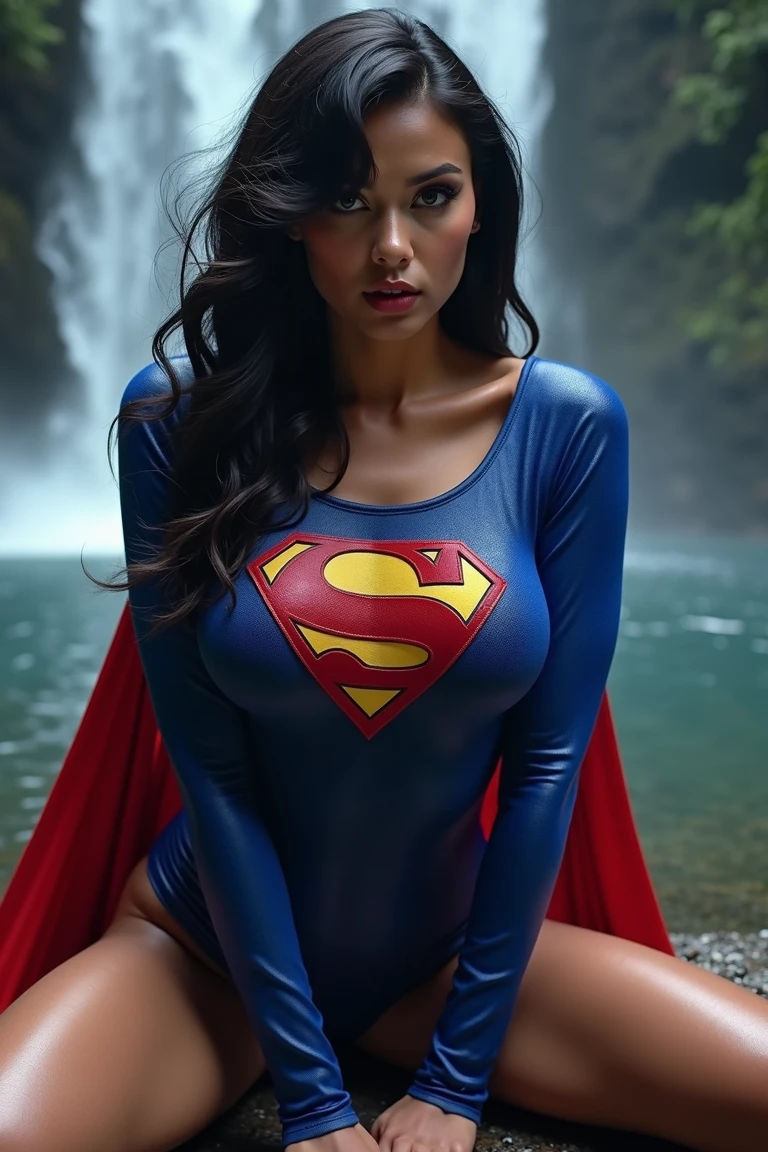 Hermosa mujer corta cabello negro definido cuerpo grandes pechos, usando cosplay de Supergirl, pecho desnudo, sudando. desnuda, sumisa, cuerpo completo, toma lejos. en el bosque con niebla con poca luz atardecer. rostro muy hermoso y definido, tetas enormes
