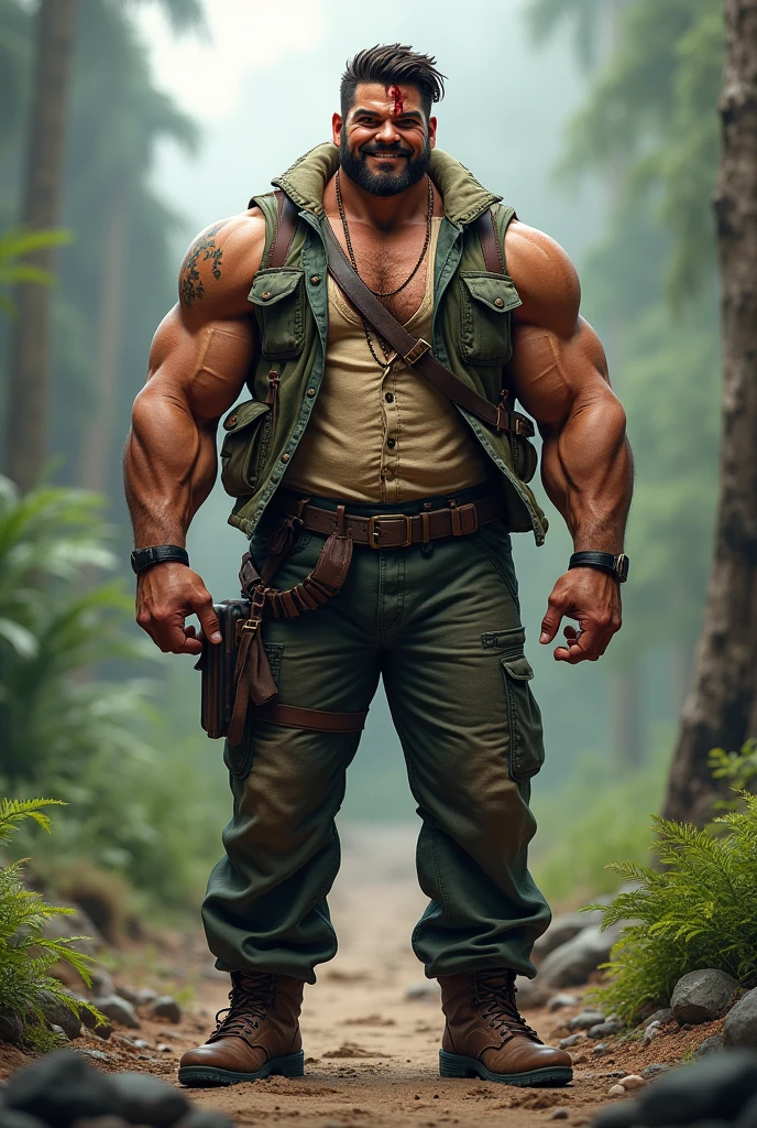 lustration in Leyendecker style : Muscular and pumped-up Prince Harry as a Beautiful Detailed Face, 4k resolution, Realistic, a perfect face, 28 years old, , light blonde hair, natural skin, Soft Impressionist, Perfect composition, a perfect face, Wearing leather armor, large bulge in the pants ,hairy chest and belly Holding a large sword in his hands, The background is a mysterious forest