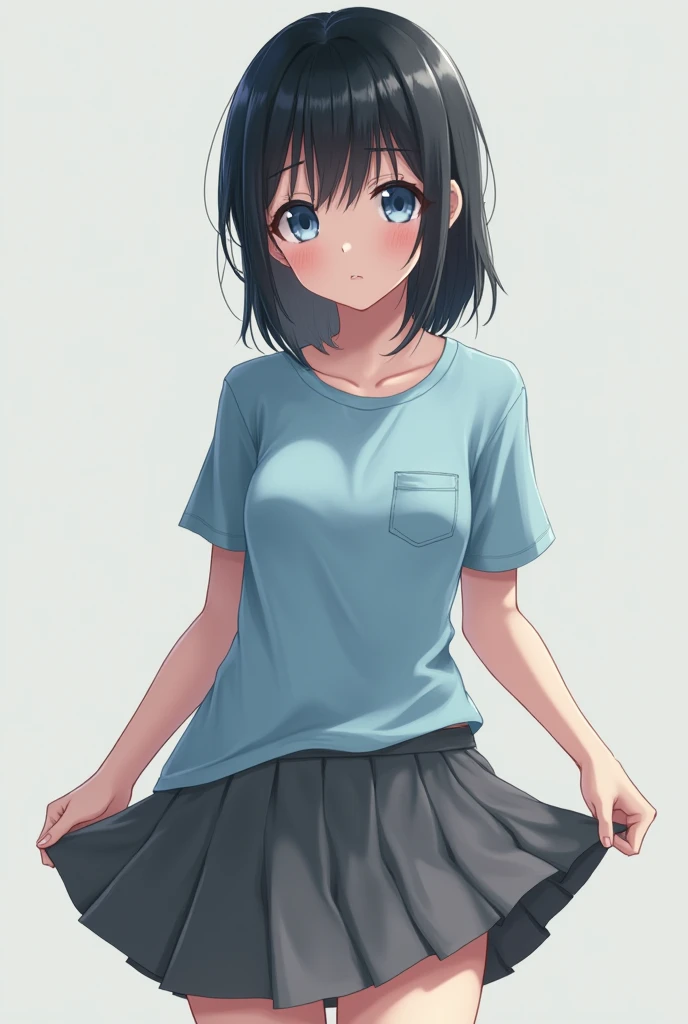 Highest quality,wonderful,finely,Highly detailed CG Unity 8k wallpaper, (1 Girl,Black Hair, blue eyes,short hair, Double Bang), (Small breasts:1.2), (Black T-shirt:1.1), (clavicle:1.1), Shorts、Smiling Kindly、smile、 ((Whistling:1.2)), (zettai ryouiki:1.2),(narrow:1.2), (Are standing:1.2)、(((Solid white background)))、Facing the camera