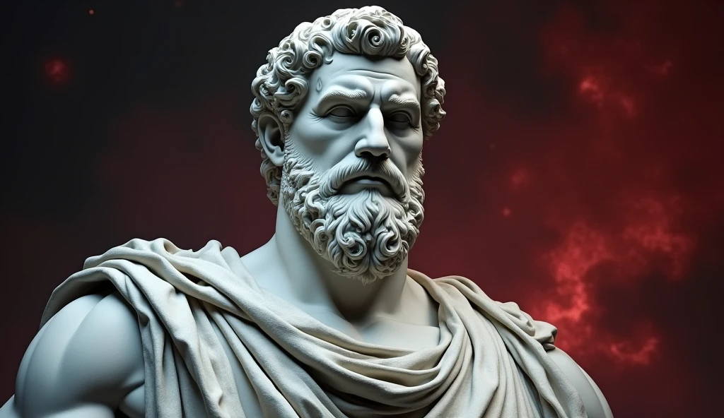 a realistic greek white marble statue, stoic, brawny, brave and scary, detailed wearing a ghostly toga, darkness background, , photorrealistic, Horror Movie Dinner, super detailed, hyper realist, darkness background,, serious face, powerful background, dark surroundings,
close up face, face close, face close, close up face, face close, galaxy background, background red, fire, anger