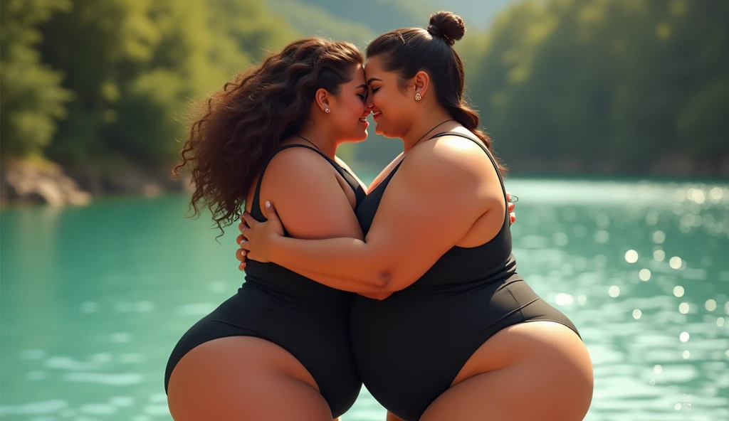 fat ssbbw curvy bottom heavy pear shaped wide hiped british women, 30 brunette, they are floating in the pool, they strike sexy poses, they are wearing floral one piece, swimsuits , view from behind and underwater