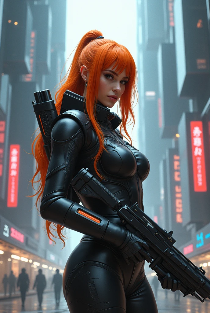 "Fantastic cyberpunk post-apocalyptic style. Lonely beautiful cyborg girl with long red hair looking at the camera. The camera films her from below and slightly to the right. She is wearing a black android suit with cleavage, decorated with small red details. The girl is the main object in the image. Red flashes and lights are visible on a dark background, creating an atmosphere of slight sadness. The main colors of the image are black and red."