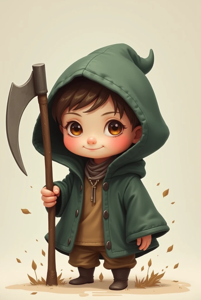 A tiny human with a sickle and a hood showing his cuddly face