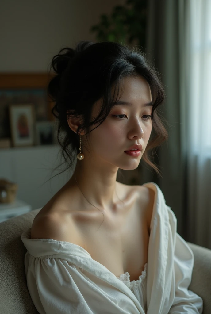 RAW photo, a 22-year-old-girl, no clothes on, no bra, no panties, no underwear, sit beside window, (1girl), (realistic), (photo-realistic:1.5), lipstick,(RAW photo, 8k uhd, film grain), Sharp Eyeliner, Blush Eyeshadow With Thick Eyelashes, extremely delicate and beautiful, 8k, soft lighting, high quality, highres, sharp focus, extremely detailed, (sunlight on face), beautiful detailed eyes, extremely detailed eyes and face, masterpiece, cinematic lighting, (high detailed skin:1.2), 8k uhd, dslr, soft lighting, high quality, film grain, Fujifilm XT3