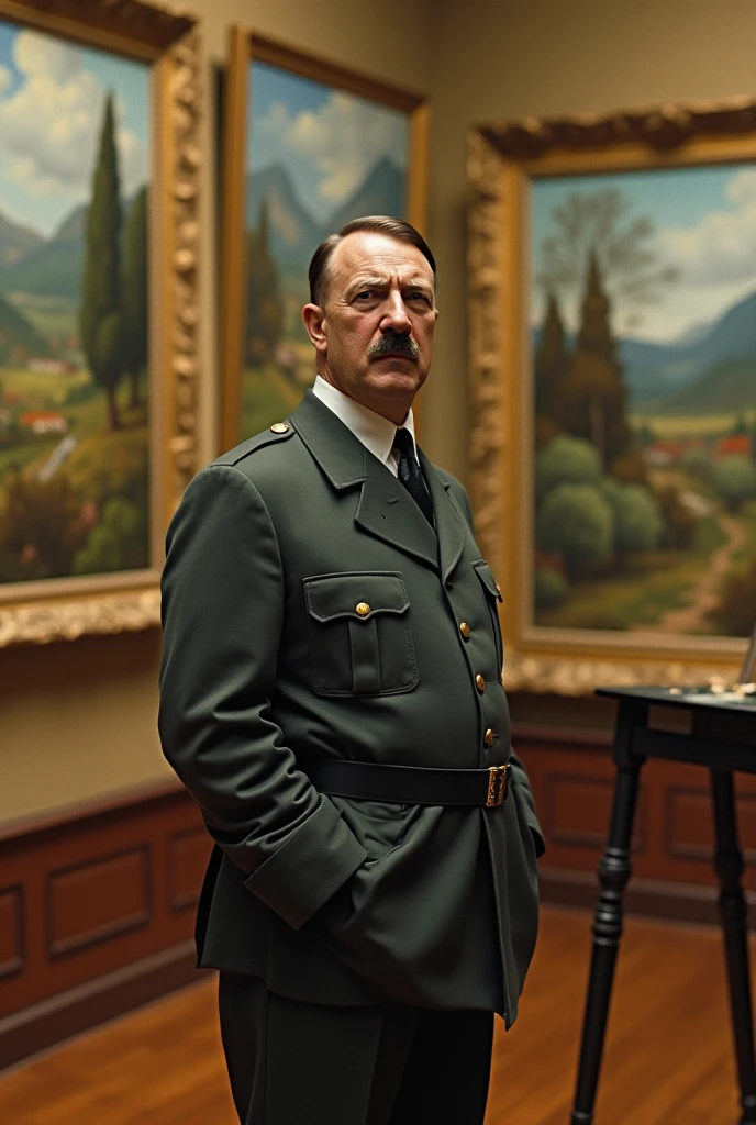 Depict Hitler staring out a window, gazing longingly at the Academy building in the distance, symbolizing his unfulfilled artistic aspirations, background dark, hyper realistic, ultra detailed hyper realistic, photorealistic, Studio Lighting, reflections, dynamic pose, Cinematic, Color Grading, Photography, Shot on 50mm lens, Ultra-Wide Angle, Depth of Field, hyper-detailed, beautifully color, 8k