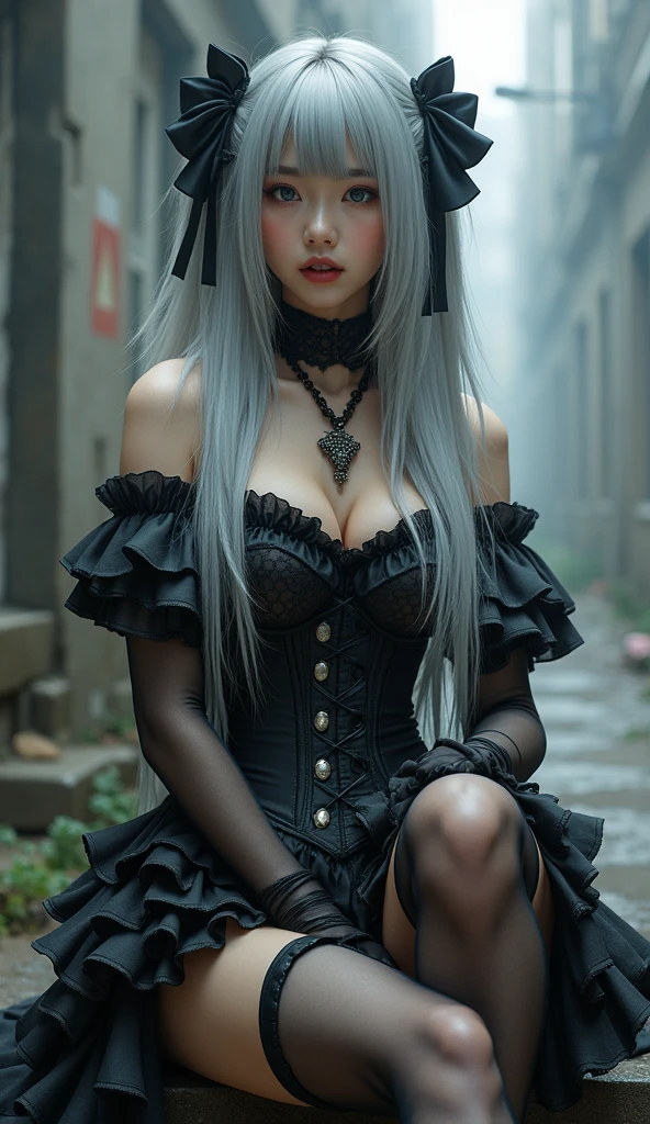  A gothic punk goth girl, perfect face, beautiful Asian woman with long White hair in White curls and coils, very cute and           beautiful girl, (highly detailed beautiful face), high detailed fingers, (Deep Purple corset with detailed frills), detailed face,
]cowboy shot, looking at viewer, Standing, white panties. intricate details, cinematic scene, detailed background, solo, dynamic angle,  ((beautiful big blue eyes looking down at the viewer, black shiny lipstick, perfect Asian goth cyber makeup)) double d breast, detailed cute face, white hair, gothic punk fashion, highly detailed gothic fashion, short skirt, heavy make up,),(dark black lipstick), size, Backlight effect, lens flare, depth of fields, blurry background, Detailedface,1 girl, Detailed eyes, ,(thigh up shot image :1.5), Black gloves. Walking in the rain. Moonlight shines on her face. Sombre setting Purple Corset