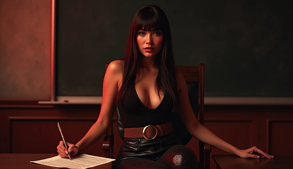 ultra realistic photography of a beautiful 48 years old woman, black hair, she wears black Christian Louboutin shoes, black pencil dress, hourglass shaped body, black prescription glasses,. The woman is choosing books in an old library, sensual photoshoot, studio photography, 