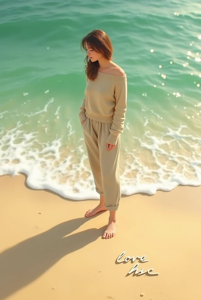 A person covered in sand from head to toe, walking awkwardly on a beach with a comical expression.