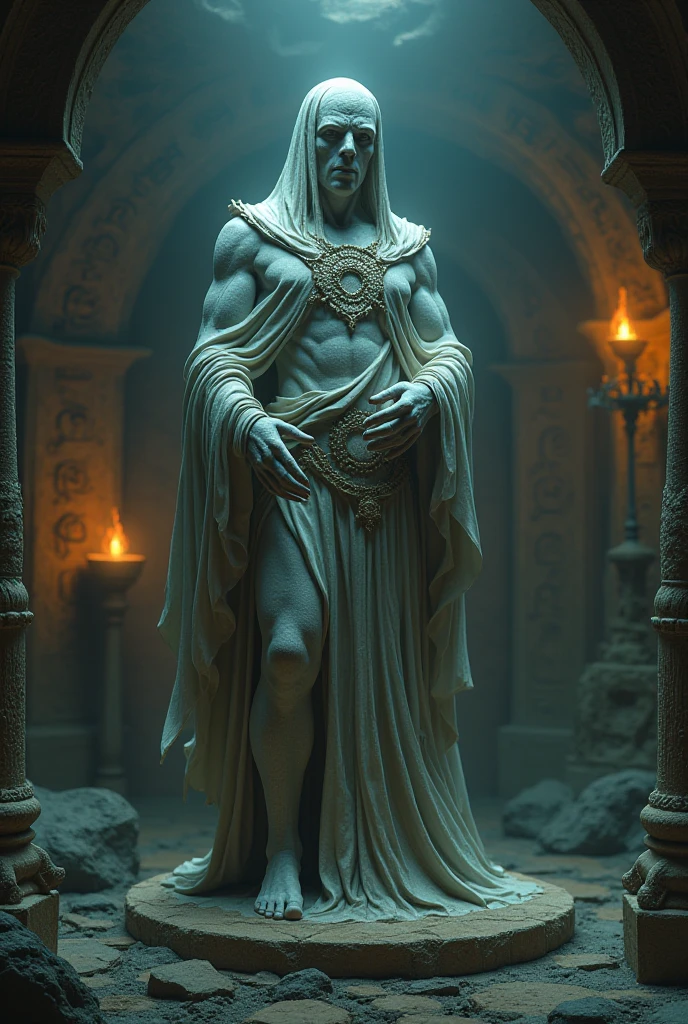 A full-length statue of the sexual young man with beautiful opened silver eyes looking forward with silver skin - God of the moon, made of silver, arabic appearance, naked in a floor-length silver skirt, covered with a hood, semicircular symbols on clothes
In the temple with Arabic architecture made of silver, dark fantasy style