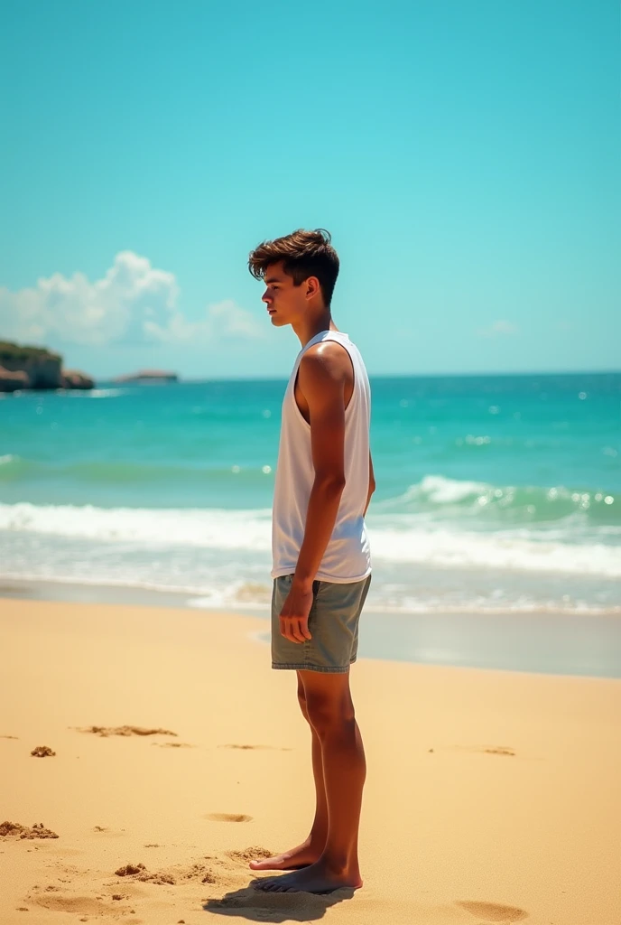 Painting of young muscular man standing on the beach watching sunset. The backlight turns the young man into a black shadow. The young man is a high school student with long bangs. anime, Makoto Shinkai Cyril Roland, inspired by Cyril Roland, animated art wallpaper 4k, sky blue and peach gradient. Seagulls are flying. Beautiful delicate touch illustration.