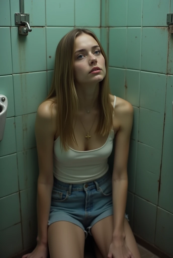 realistic amateur very young  blonde full body selfie bathroom posing random view