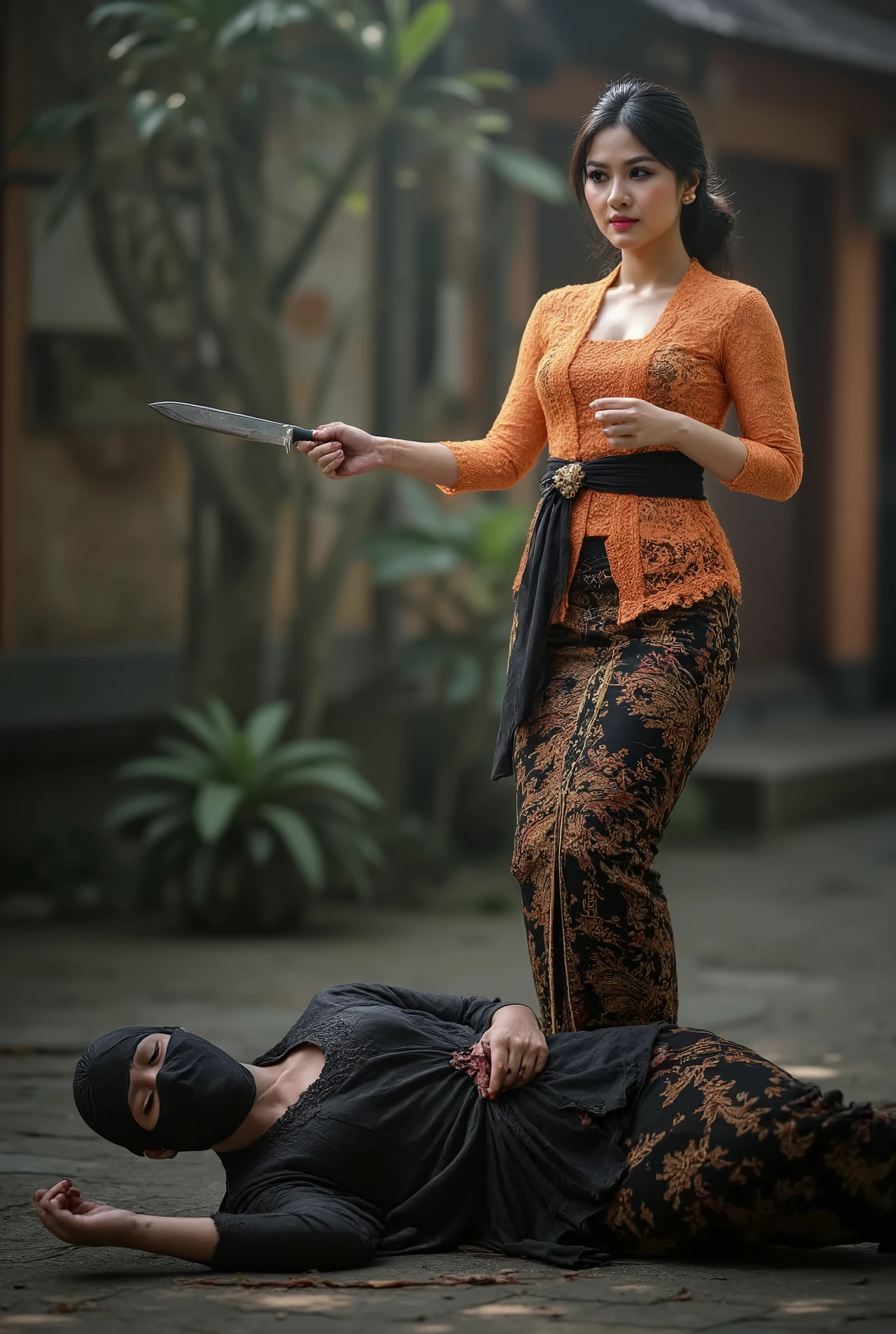 Woman killing ninja, ninja in shrouds, cut throat ninja by knife, woman knife, woman kebaya bali