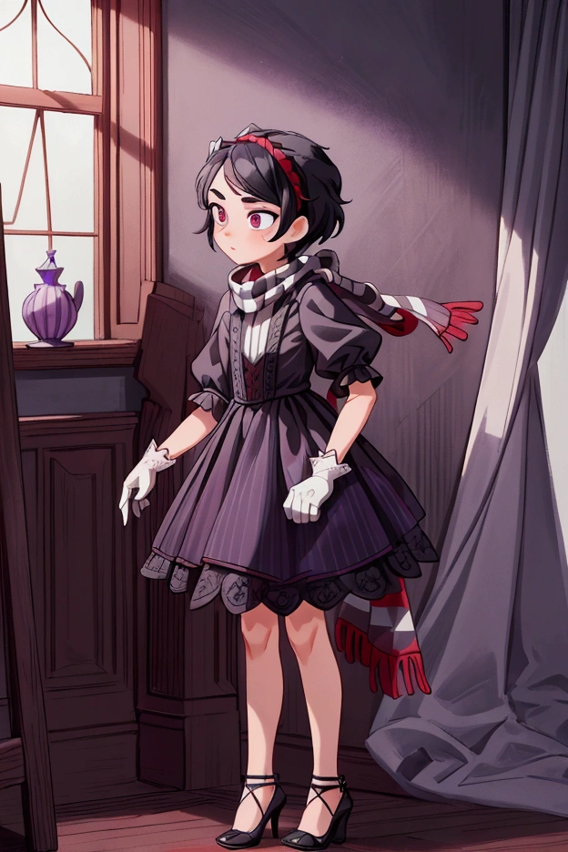 Masterpiece, best quality, 1 boy, black long hair, brow eyes, standing indoors with intricate details and sunlight, grey and red frilled dress with short neckline, purple gloves, black heels, scarf with black and white stripes.