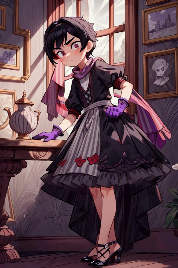 Masterpiece, best quality, 1 boy, black long hair, brow eyes, standing indoors with intricate details and sunlight, grey and red frilled dress with short neckline, purple gloves, black heels, scarf with black and white stripes.