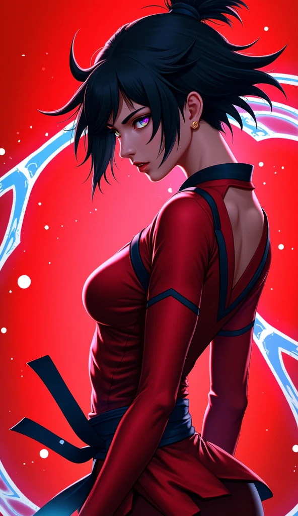  A beautiful Japanese woman .
 black hair, short,  pointed upwards , drawn on the side .
rainbow colored eyes, expressive, obfuscating, incandescent. 
 fine winding, sexy.
Dressed in a martial artist outfit, red and black, with geometric shapes.
 A blue aura subtly surrounds her . 
in battle pose, martial art.
expression: anger, Fury. 
Efeito sem brilho.
 Profile view from a distance . 
 Papel de parede simples cor vermelha.
(anime style 32K, 3d, HDR, UHD, intricate detail, extremely intricate detail, hyperrealistic, extremely realistic, high quality,      vivid color     , extremely detailed).