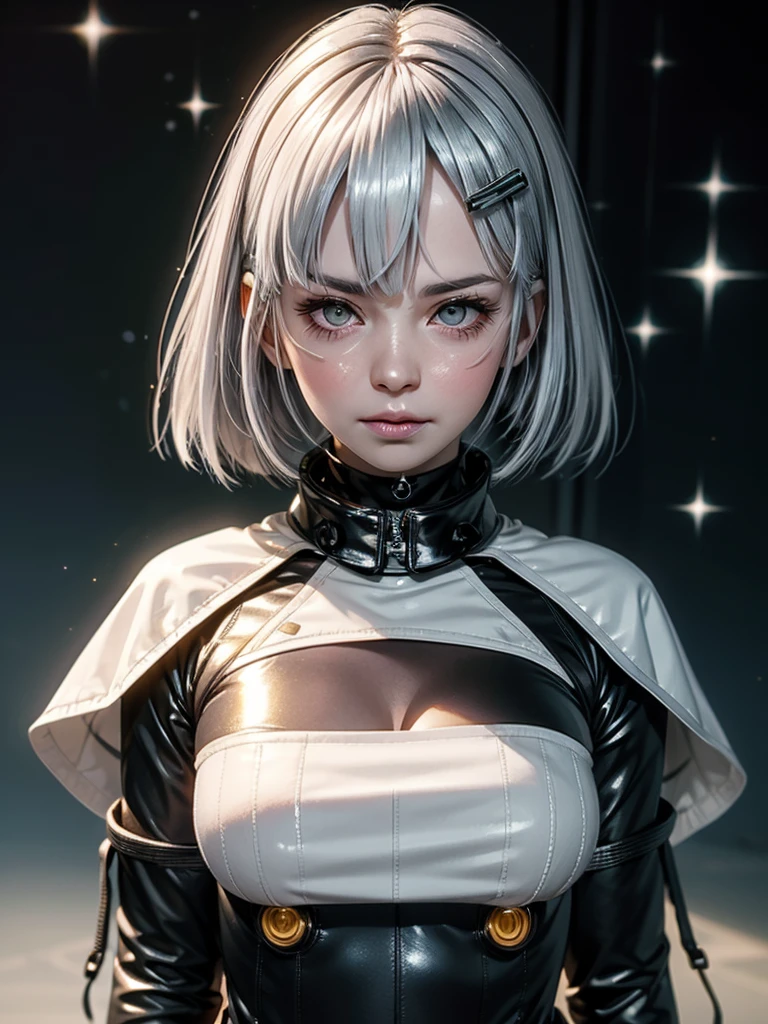 1girl, ((pale white skin)), glowing silver glitter, (((glitter on cheeks))), white hair, white bob, blunt bangs, (grey eyes), bored eyes, cybernetic hair clips, (dark bodysuit), large (((sci-fi poncho))), ((gigantic collar, obscured face, mouth covered, nose covered, hidden face, collar over face)), shock gloves, belts, greenscreen background, blank background
