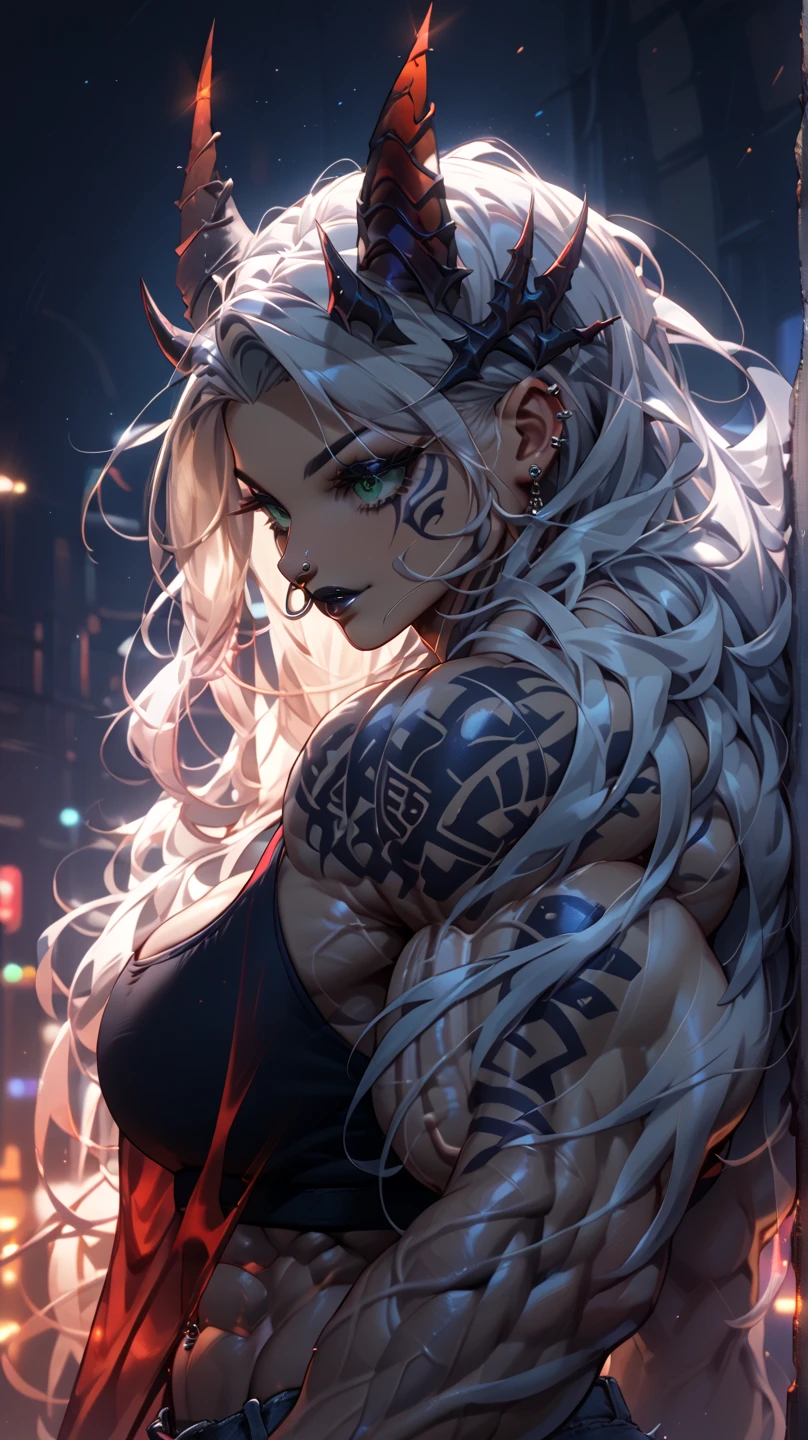 nijistyle, Tank Girl, A female warrior, muscular body but not much, almost naked in the style of Simon Bisley's comics, tattoo covering the whole arm, hair half black half white, Minimum clothing, Short clothes, ((Best quality)), ((masterpiece))