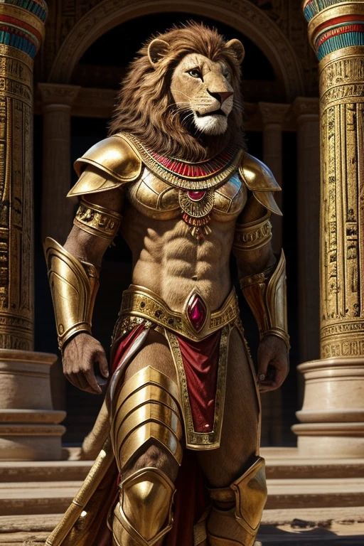 Create a realistic Egyptian character with a lion's head and full-body ruby-studded gold armor 