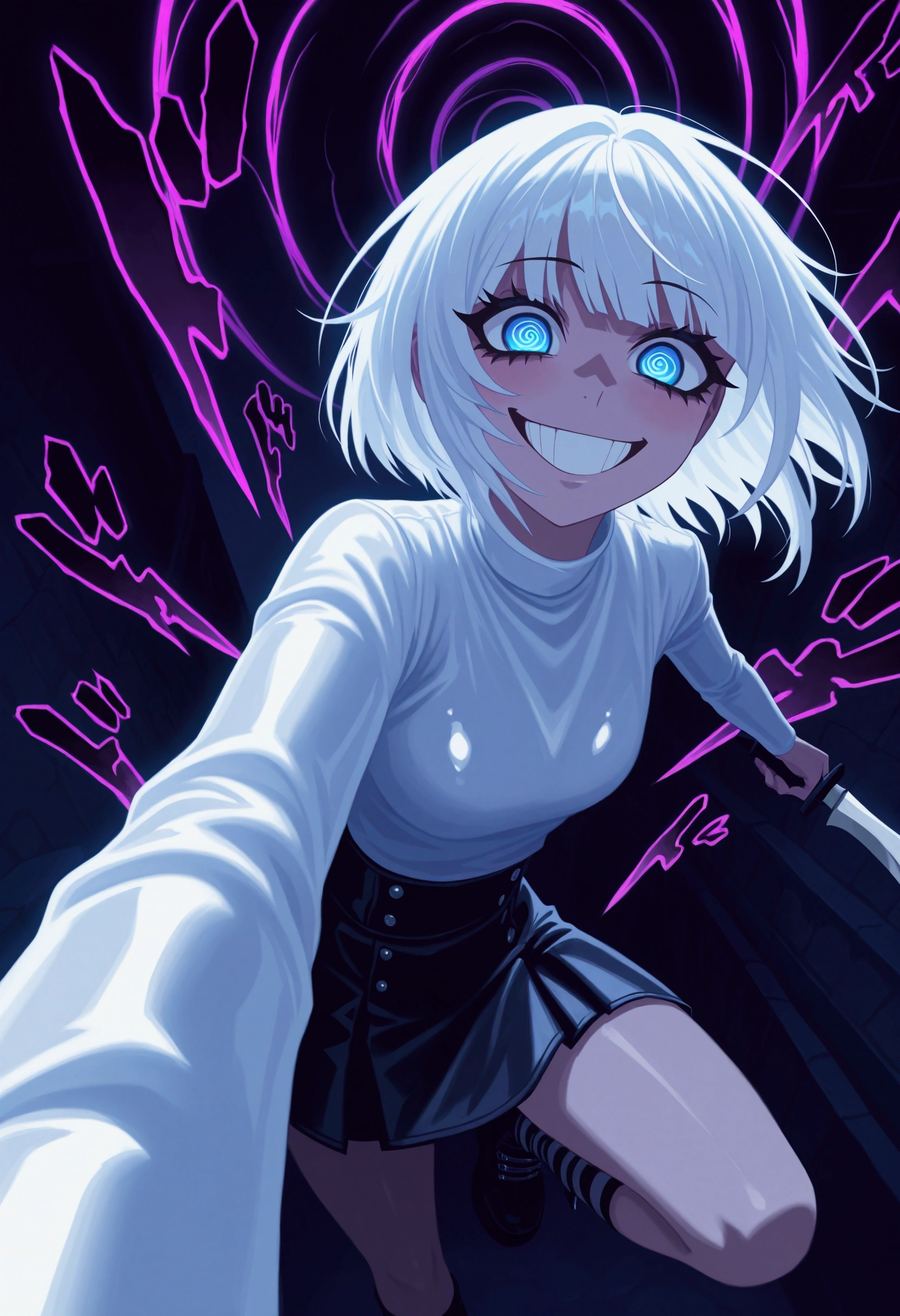 Close up shot of a crazy lady eyes, crazy hypnotic spiral eyes, white hair, hyper exaggerated perspective, hyper exaggerated pose, emo edgy woman, holding two karambit knives, menacing grin, dark alley night background, white latex and skirt outfit, dark blue and black background, neon colored teeth