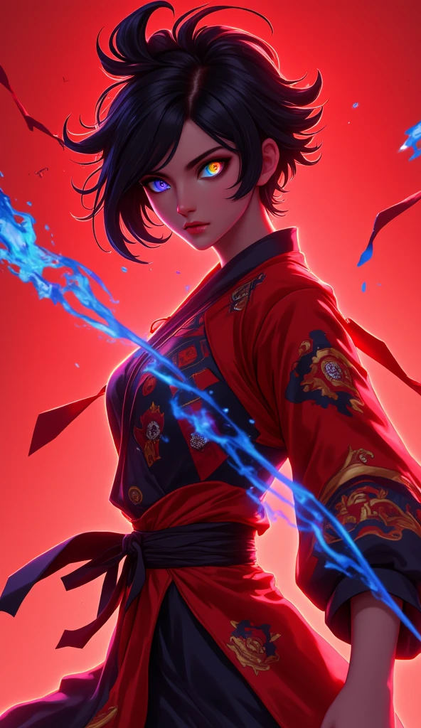  A beautiful Japanese woman .
 black hair, short,  pointed upwards , drawn on the side .
rainbow colored eyes, expressive, obfuscating, incandescent. 
 fine winding, sexy.
Dressed in a martial artist outfit, red and black, with geometric shapes.
 A blue aura subtly surrounds her . 
in battle pose, martial art.
expression: anger, Fury. 
Efeito sem brilho.
 Profile view from a distance . 
 Papel de parede simples cor vermelha.
(anime style 32K, 3d, HDR, UHD, intricate detail, extremely intricate detail, hyperrealistic, extremely realistic, high quality,      vivid color     , extremely detailed).