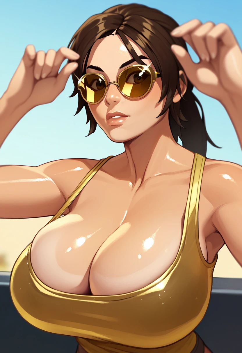 1girl, solo, (masterpiece, best quality:1.2), realistic, hyperrealistic, official, detailed face, face focus, mature women, milf, chubby, cleavage, nagatiti, small smile, (a mature women posing with their boobs are sticking out towards viewer:1.3), BREAK nanami, bikini, microbikini, golden, jewelry, earrings, necklace, shining glossy skin, narrow waist, oil, oily skin, sweat, gleaming skin, (dark skin, dark-skinned female:1.2)