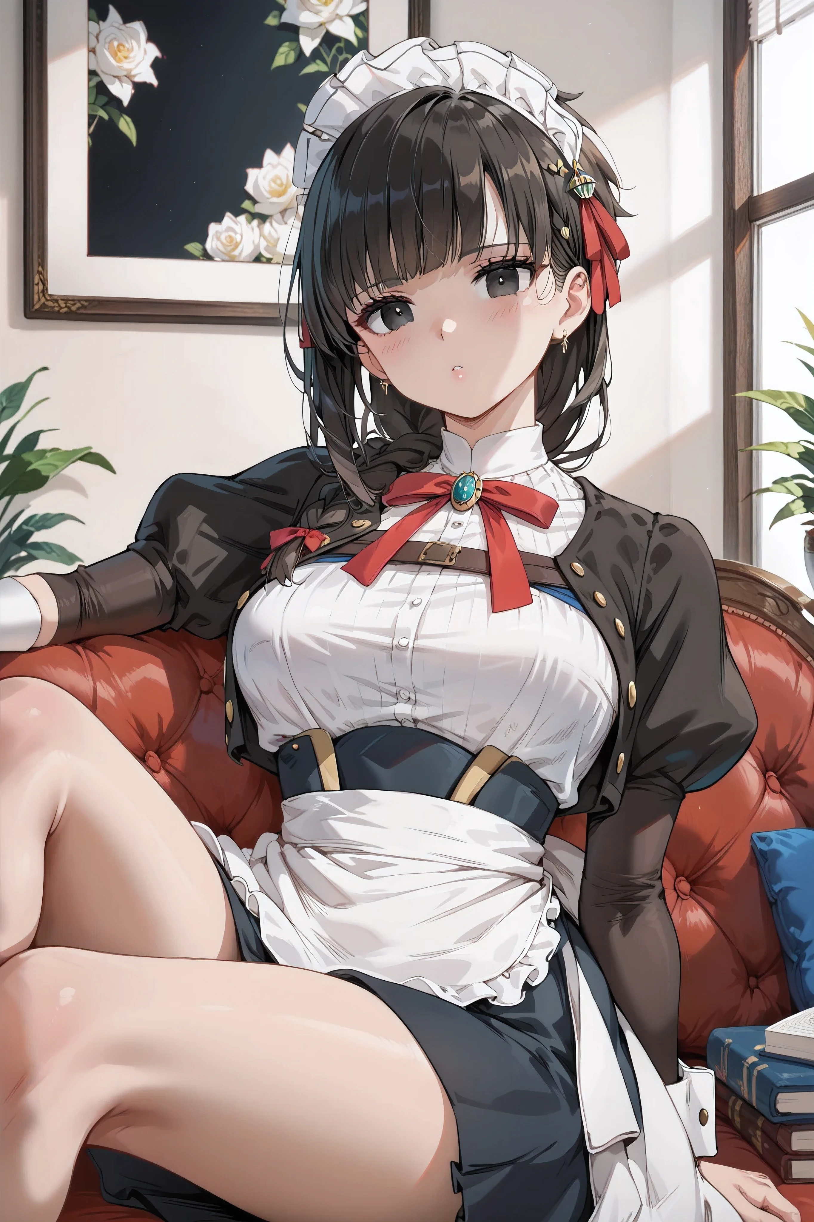 (( top quality )), ((masterpiece)), ( Details),One Woman,((Age 30)), dark brown hair, Medium Long Hair , ponytail,(( I'll draw from my knee to my head)),Gorgeous expression,((I'm in the living room )), I'm facing here ,(I'm sleeping in a reclining seat),I'm pensive,NSFW,maid headdress,long hair,black hair,hair ornament,hair ribbon,red ribbon,single braid,hair over shoulder,earrings,bangs,black eyes