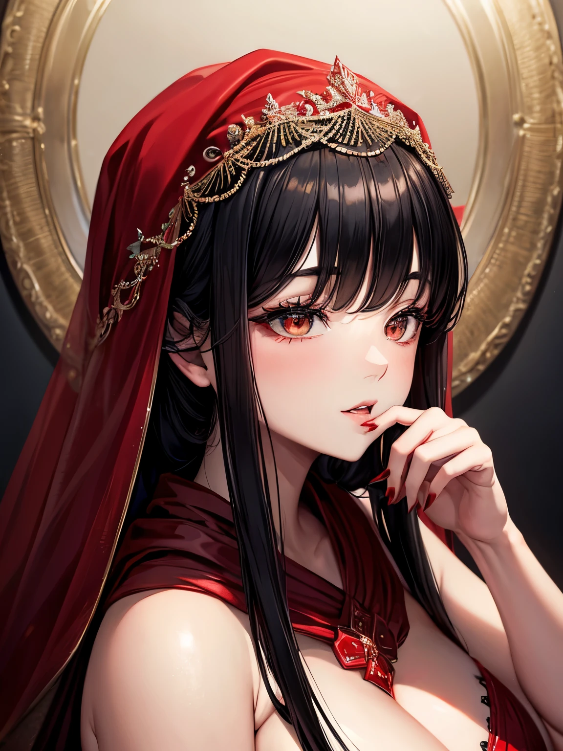 Uma mulher gordinha elegante, wearing a red veil covering her eyes, put your fingers on your lips, symbolizing silence. Suas unhas eram longas e pintadas de vermelho brilhante. The background is solid black 