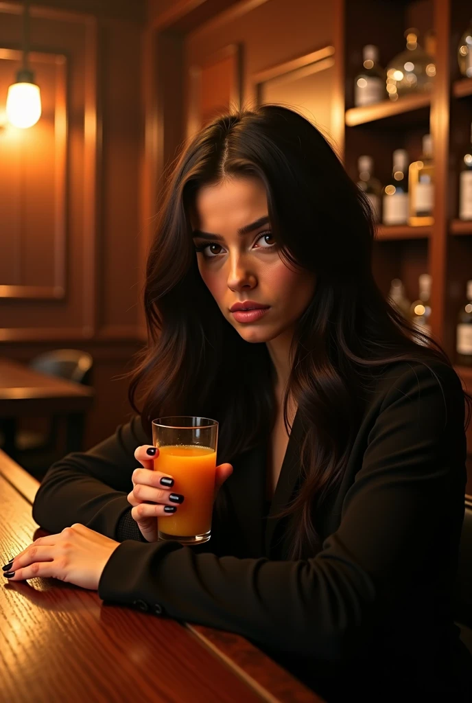 In a dimly lit bar, a woman with long black hair is sitting at the counter, drinking a glass of whiskey. The bar is cozy with warm, ambient lighting, and the shelves behind the counter are filled with various bottles of alcohol. The woman's expression is serious and contemplative as she looks at her drink. The atmosphere is intimate and slightly melancholic, with the soft murmur of conversations and the clinking of glasses in the background.BillieEilish
