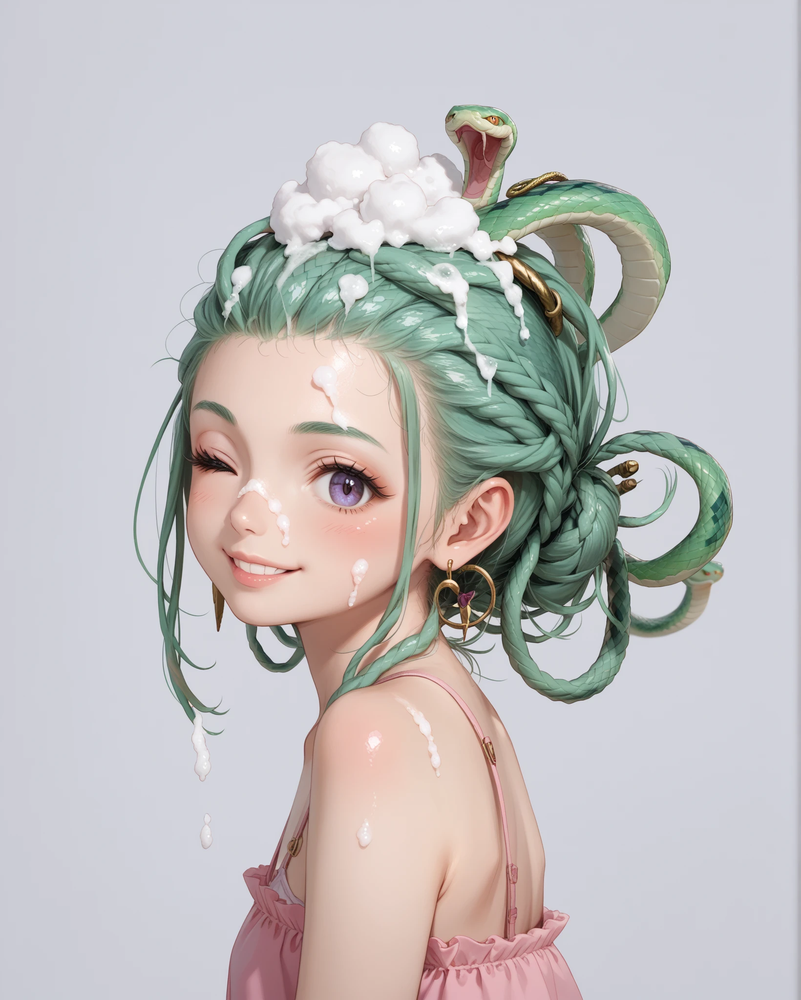 Japanese anime style illustration, kawaii,, Medusa,
snake hair,  white form on head, jewelry, cute girl smiling, wink, pastel pink camisole, head of hair all numerous snakes, from side, looking back at viewer, Washing hair with both hands above the head，Realistic foam, Foam envelops the beauty's entire head，
There is a lot of foam on the head，hands on snake-hair, (rich lather, Lots of shampoo foam, snakes covered in foam, snakes with pained face) ,close-up, simple Background,
