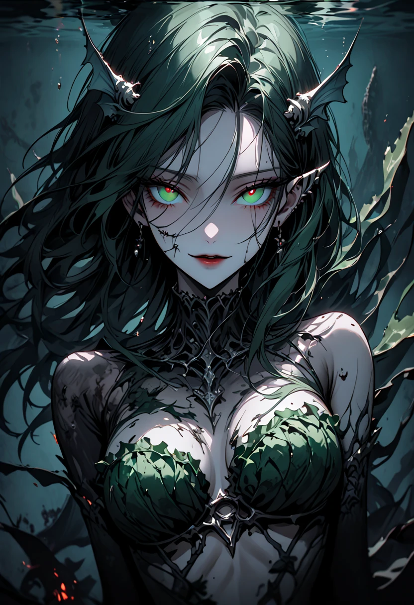standing alone, female, Silver rings, extremely long dark green hair, refractory eyes, long eyelashes:1.2, Waist slender, curved, seaweed bikini, extremely pale, mermaid, ear fins, seaweed skirt, gills, grim, atmosphere of terror, very dark, deepsea, ((undead)), abyssal, close up, swimming, seducing smile, very big tits, decrepit jewelry, decrepit dress, pose de pin-up