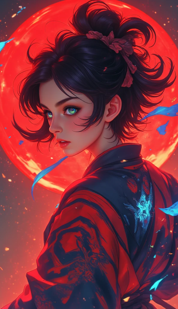  A beautiful Japanese woman .
 black hair, short,  pointed upwards , drawn on the side .
rainbow colored eyes, expressive, obfuscating, incandescent. 
 fine winding, sexy.
Dressed in a martial artist outfit, red and black, with geometric shapes.
 A blue aura subtly surrounds her . 
in battle pose, martial art.
expression: anger, Fury. 
Efeito sem brilho.
 Profile view from a distance . 
 Papel de parede simples cor vermelha.
(anime style 32K, 3d, HDR, UHD, intricate detail, extremely intricate detail, hyperrealistic, extremely realistic, high quality,      vivid color     , extremely detailed).