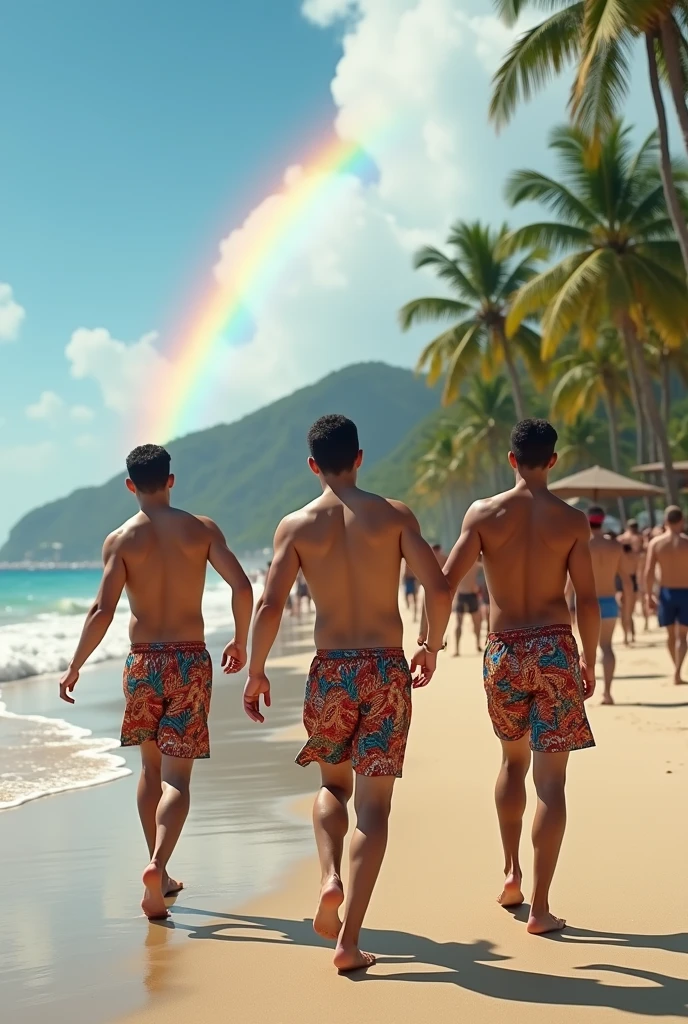 Two beautiful young men on the beach with coconut in hand wearing pink boxers and rainbow