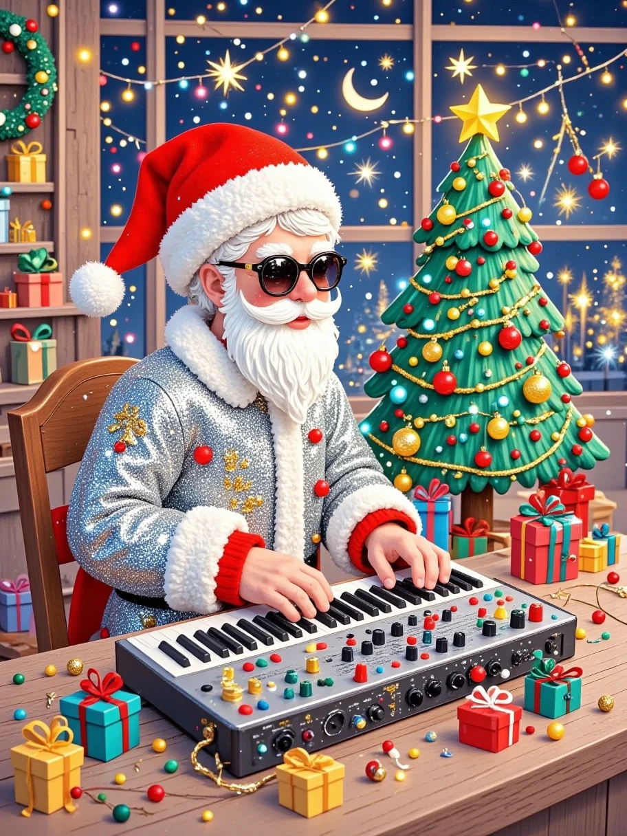 Illustration Art，The art of aesthetics， A festive scene 。 Santa is operating an electronic music synthesizer ， He is wearing a shiny silver costume ， red Christmas hat ， has a white pompom on the top of the hat 。 The background ， and a pair of stylish sunglasses on his face ， that looks both traditional and modern 。  Shows the brand logo of “BARCO” { x} Santa's white beard and eyebrows are very thick ，Place your hands on the keyboard， The screen 。 The synthesizer has multiple buttons and knobs ， on the screen 。 The screen is covered with various electronic devices and data ， appears to be composing music or performing ， creates a high-tech atmosphere 。  Combining electronic devices and lighting effects in the background ，Lights flickering，Create a cheerful 、Lively festive atmosphere。 is covered with various electronic devices and the screen ， The entire scene is illuminated by colorful lights and Christmas lights {x} The main character in the picture is a character dressed as Santa {x} gives a feeling of blending modern and traditional holiday elements。