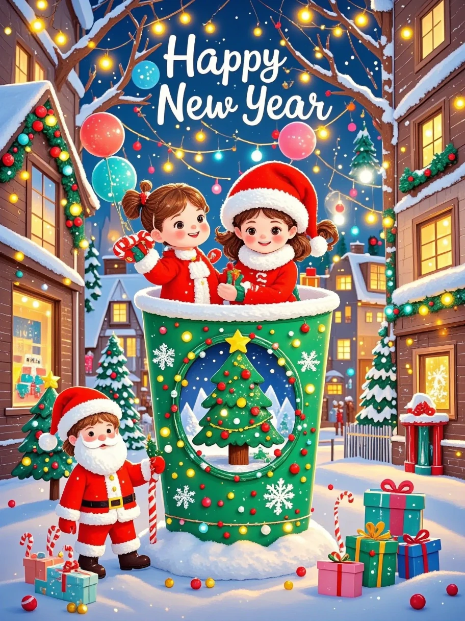 Plush texture, plush material, New Year's Day scene, with "Happy New Year" written on the top, digital production, fantastic New Year's Day celebration, a green Starbucks cup, with a Christmas tree hole decorated with white snowflakes, a small Paper Cuttings window in front, a boy and a girl, sitting inside, dressed in festive attire, holding New Year balloons and small gifts, happily celebrate the arrival of the New Year, smiling, the cup presents a warm festive atmosphere, as if it were a small festival home. The background is bustling city streets, with neon lights decorating buildings and soft snow covering roofs, Trees on both sides of the street are adorned with flashing lights and festive decorations. On the left side of the screen, a chubby snowman wearing a red hat stands in the snow, smiling and adding joy to the festive atmosphere.